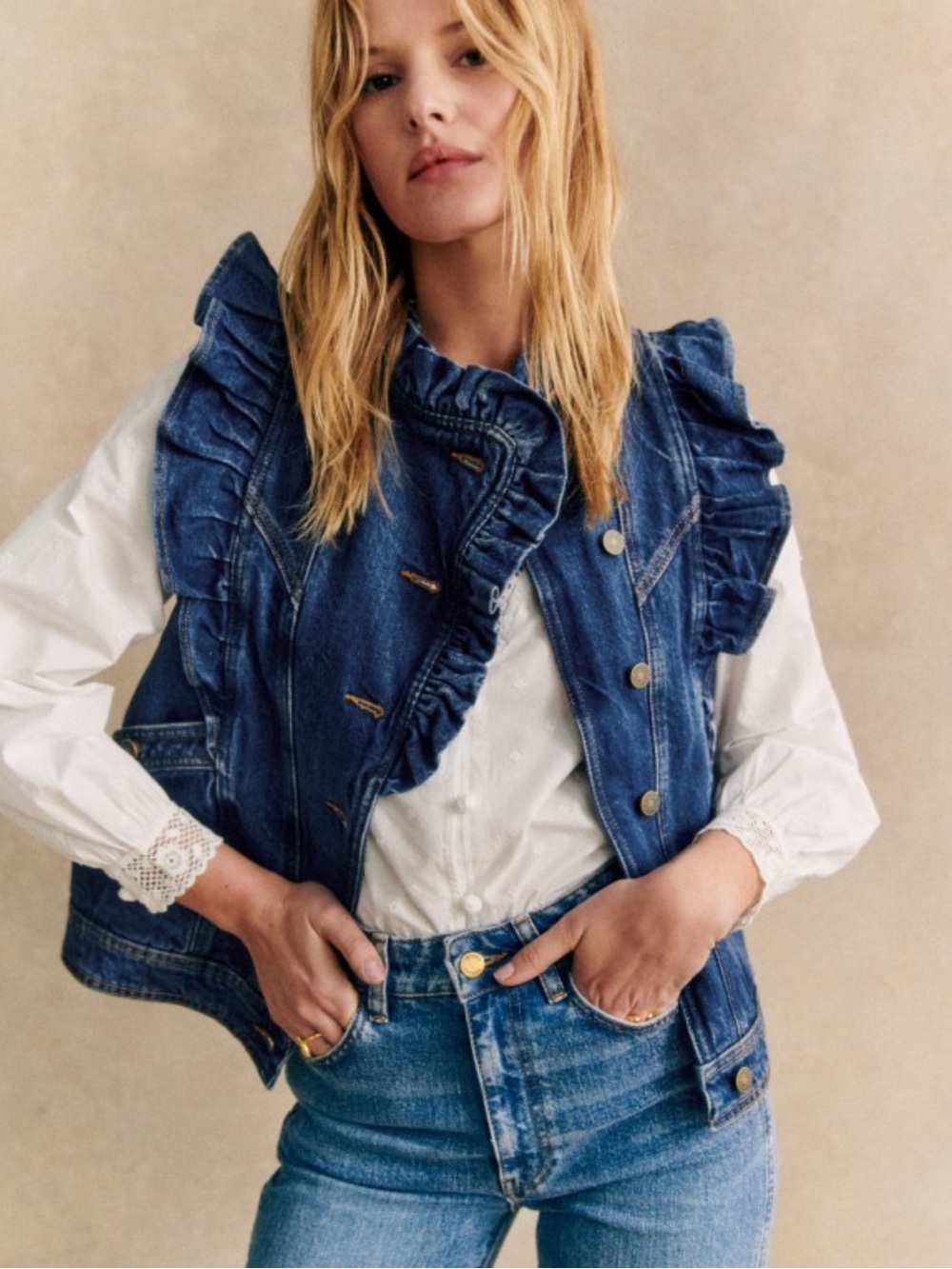 SEZANE Blue Denim Cotton Jean Ruffle Flutter Sleeve Vest Faye Sleeveless Jacket